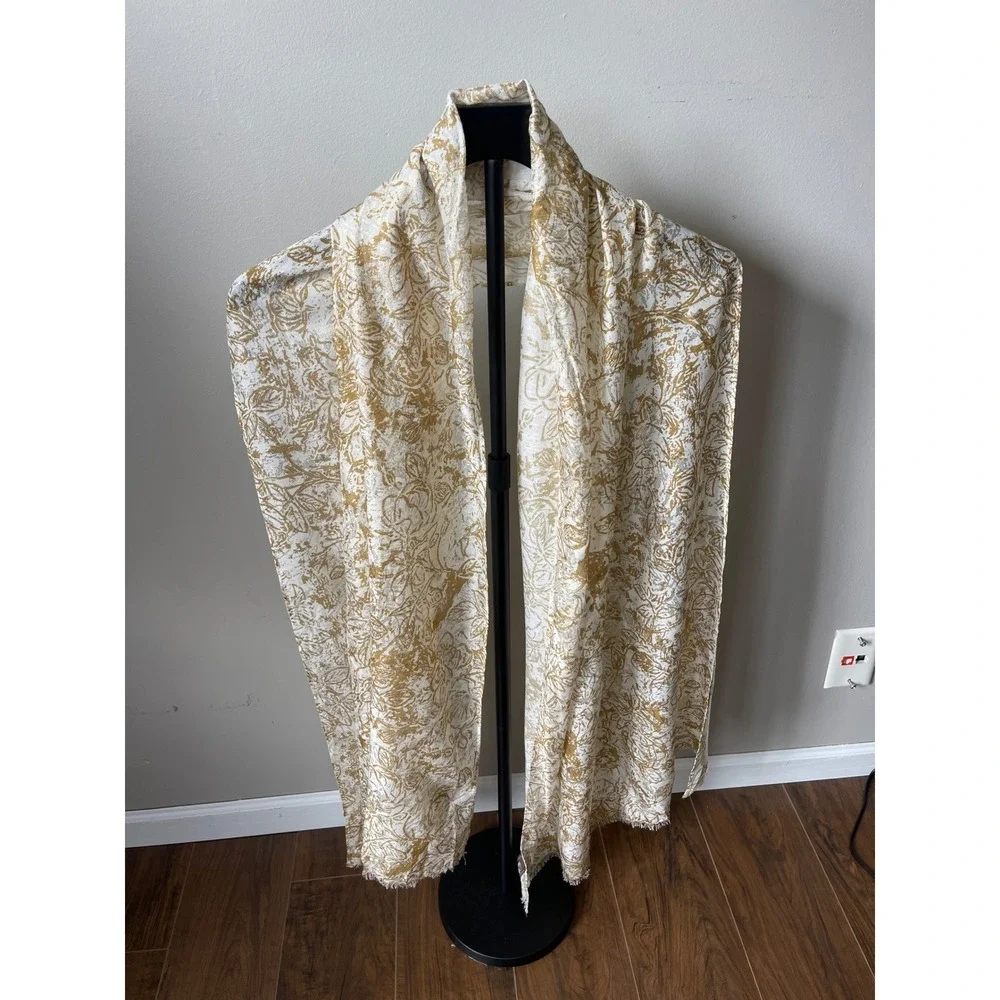 Patricia Nash Metallic Gold Floral Scarf Cream Viscose Frayed Edge Wrap light